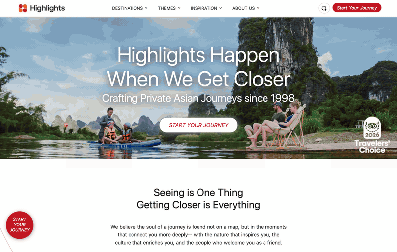 Highlights Travel首页110%比例的第一屏、第二屏及Why Highlights Travel